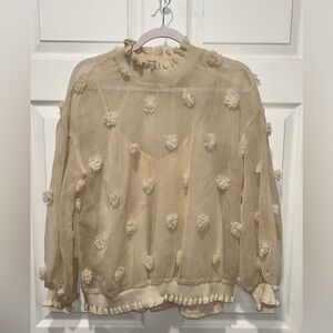 Entro Sheer Long Sleeve Women’s Blouse w/Pom Pom‎ Details Beige Size Small
